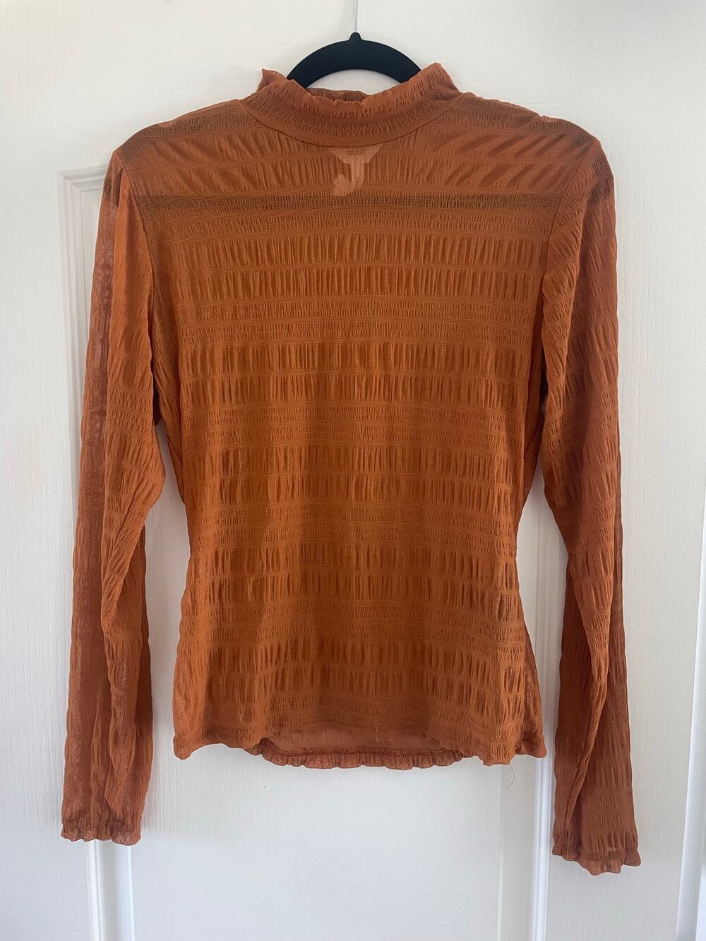 Object Rust Orange Smocked Mesh Sheer Mock Neck Long Sleeve Top Small